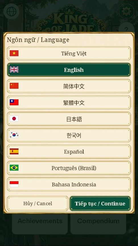 The nine supported languages in the game language menu