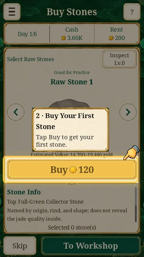 English stone market with prices and a player budget